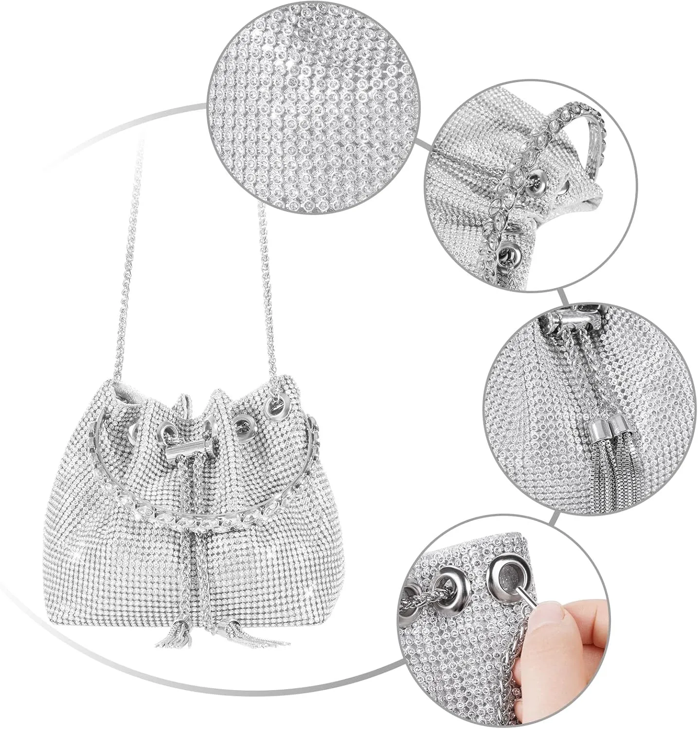 Desy & Feeci Bling Rhinestone Purse for Women, Glitter Clutch Handbag Bucket Evening Bag for Girls Wedding Party