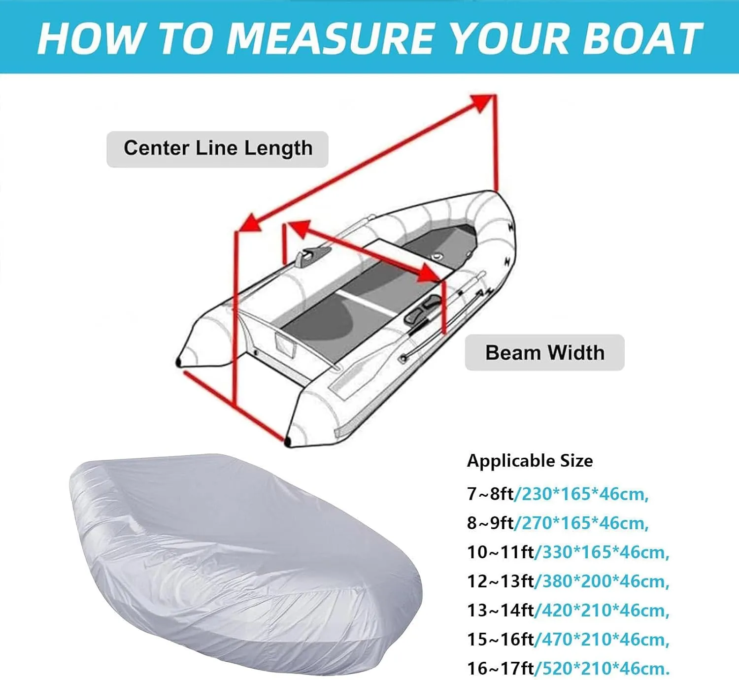 Dinghy Boat Cover 7 Sizes Boat Tarp UV Resistant Dinghy Cover for Small Inflatable and Rigid Inflatable Boats,230 * 165 * 46cm