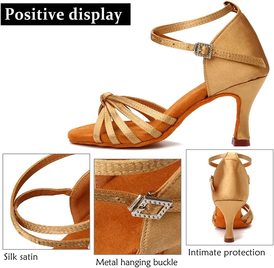 DKZSYIM Women's Satin Latin Dance Shoes Professional Ballroom Salsa Practice Performance Dancing Shoes,Model 217
