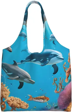 (Dolphins Sea Turtle Octopus Coral Reef) Large Tote Shoulder Bag Fashion Canvas Handbag Reusable Shopping Bag Travel Bag For Women