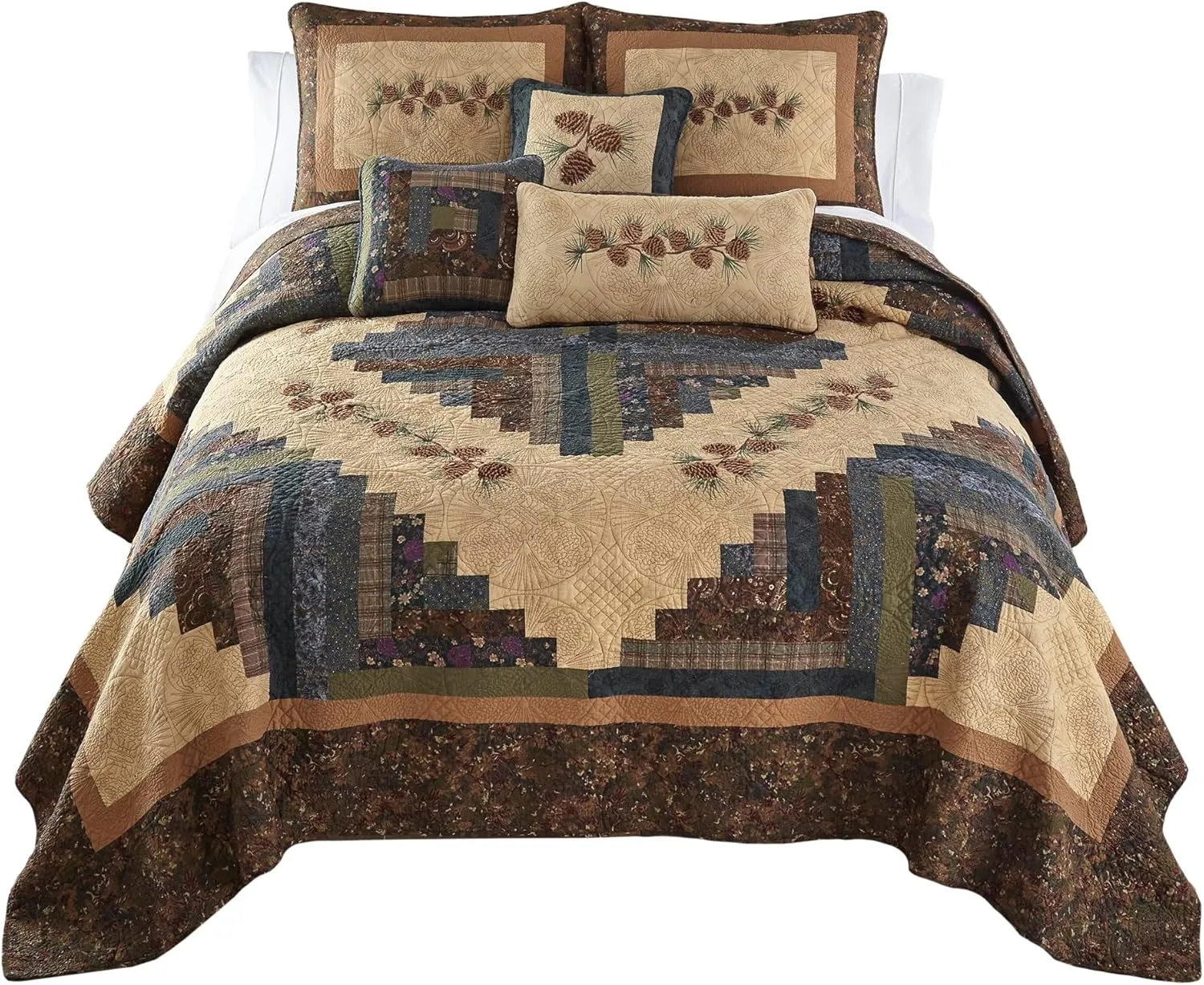 Donna Sharp Twin Quilt - Cabin Raising Pine Cone Lodge Quilt with Colorful Patchwork - Machine Washable