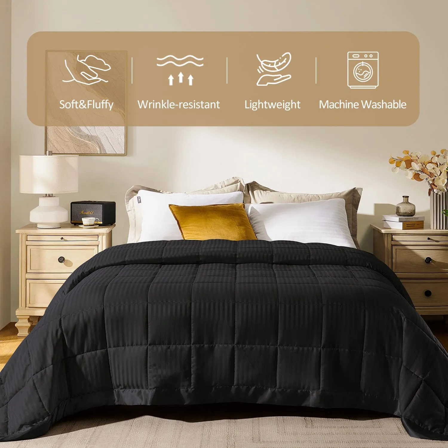 downluxe Queen Size Blanket with Satin Trim, Lightweight Down Alternative Blankets Queen Size for All Season, Machine Washable (Black, 90x90 Inch)