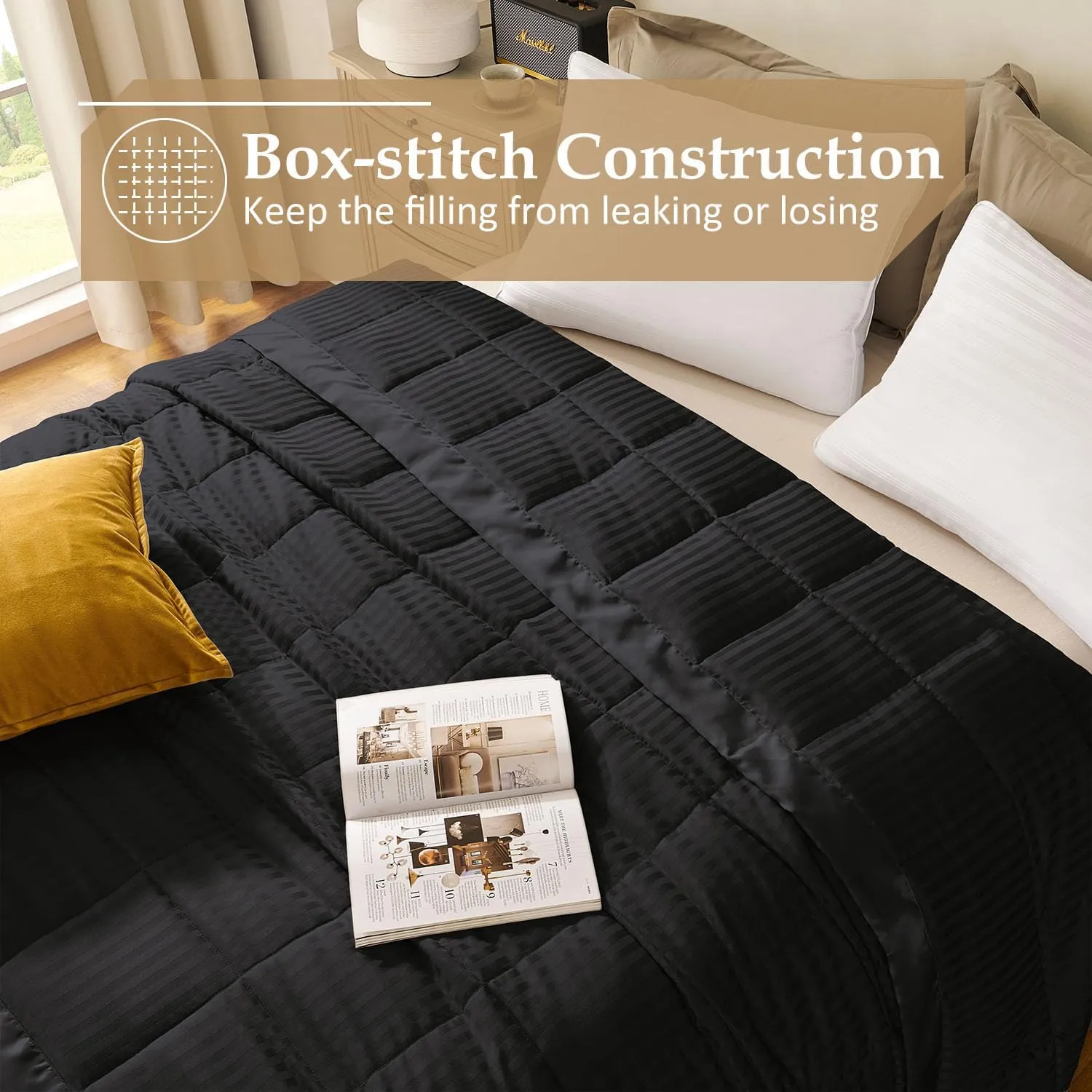 downluxe Queen Size Blanket with Satin Trim, Lightweight Down Alternative Blankets Queen Size for All Season, Machine Washable (Black, 90x90 Inch)