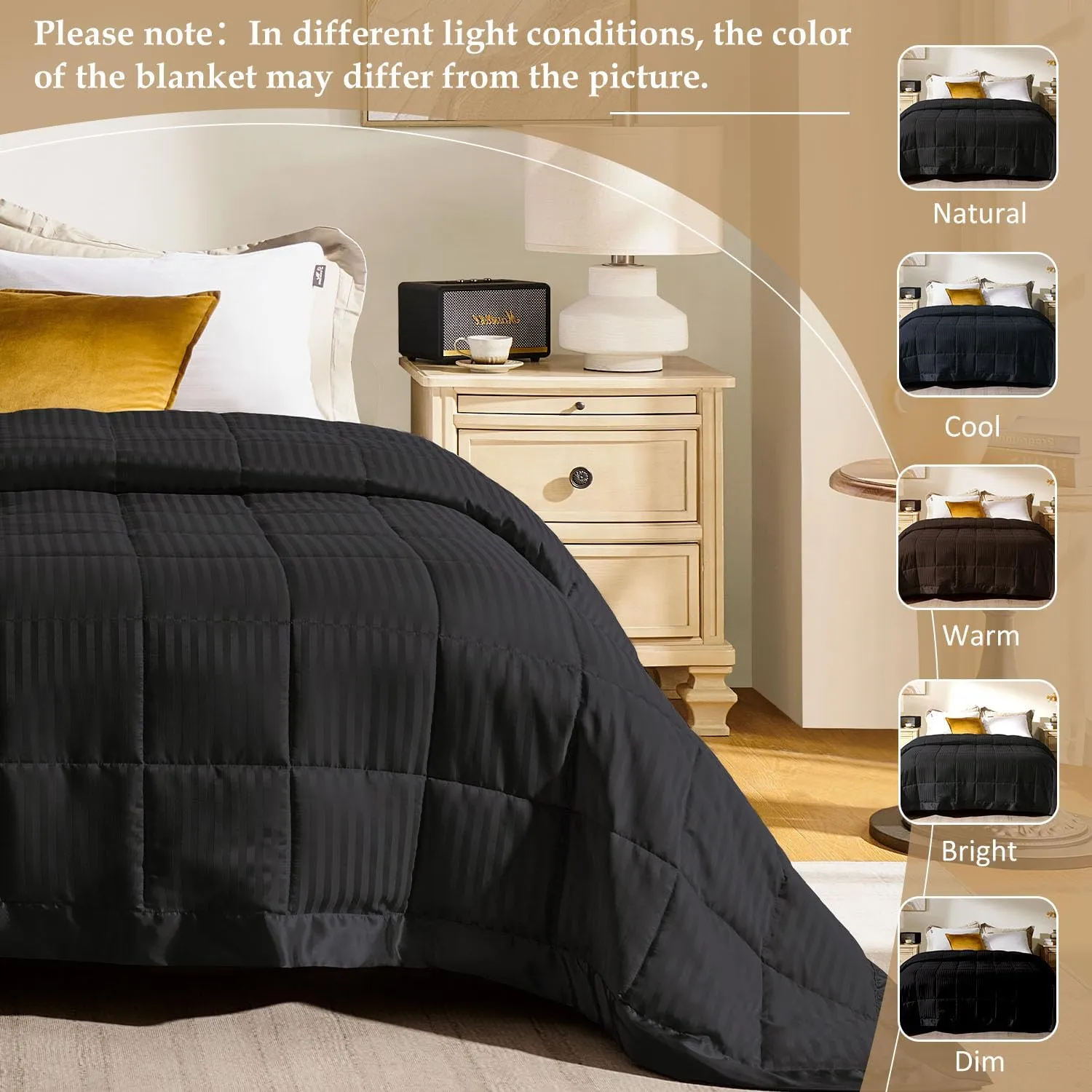 downluxe Queen Size Blanket with Satin Trim, Lightweight Down Alternative Blankets Queen Size for All Season, Machine Washable (Black, 90x90 Inch)