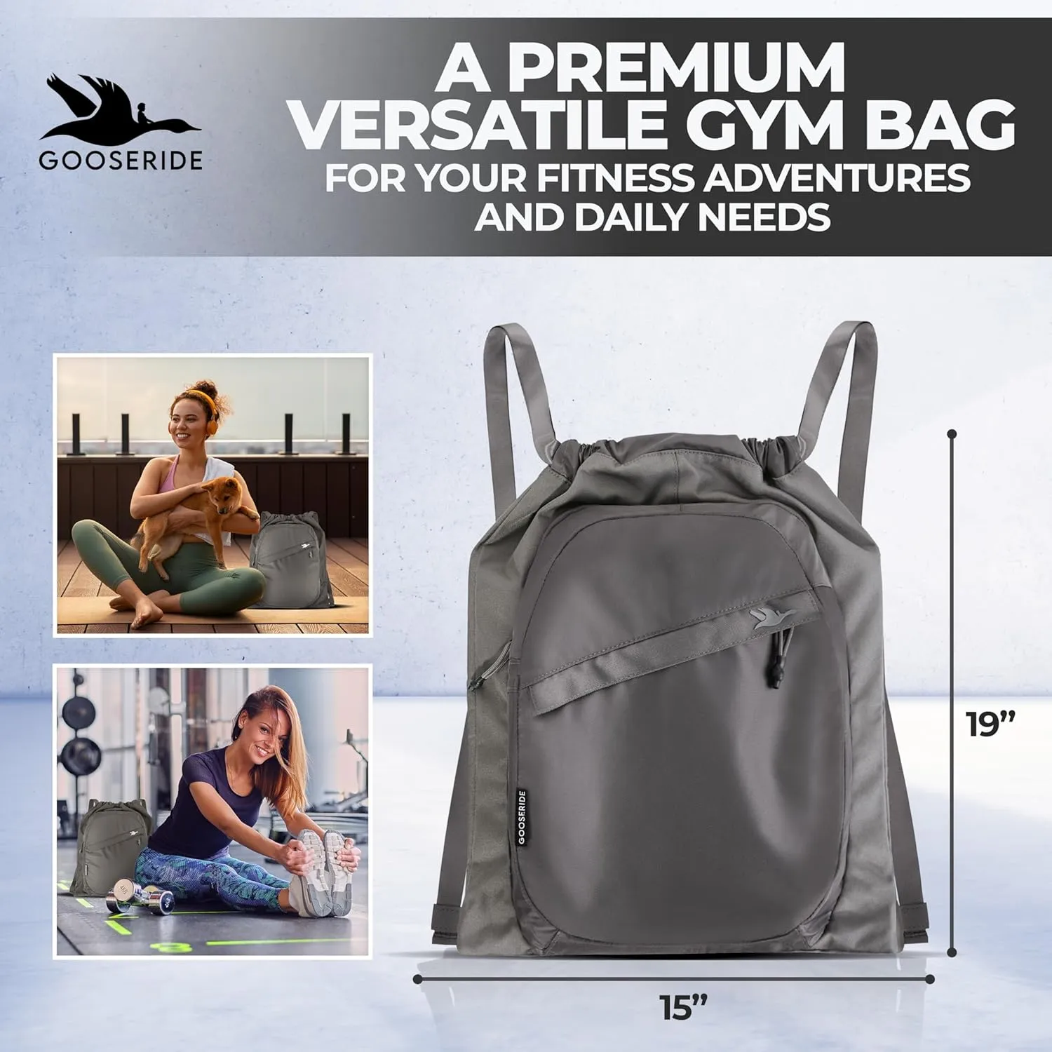 Drawstring Backpack for Men and Women - Versatile Sports Drawstring Bag with Thick Strap, Athletic Gym Bag Backpack, Cinch Bag with Organizer, Waterproof Draw String Bag for Beach - Gray