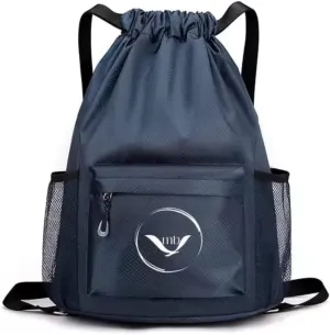 Drawstring Sports Gym Bag with Side Pockets, Black Waterproof Nylon, Adjustable Shoulder Straps, Blue color