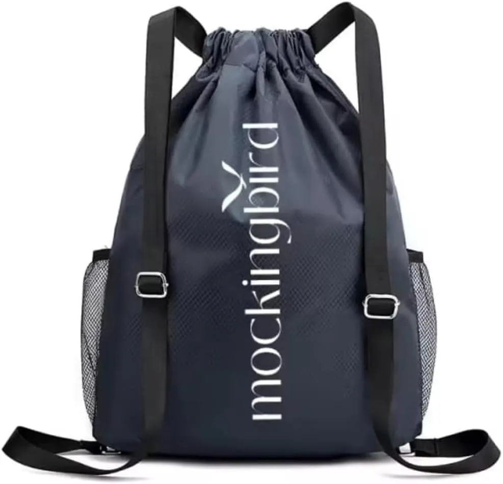 Drawstring Sports Gym Bag with Side Pockets, Black Waterproof Nylon, Adjustable Shoulder Straps, Blue color