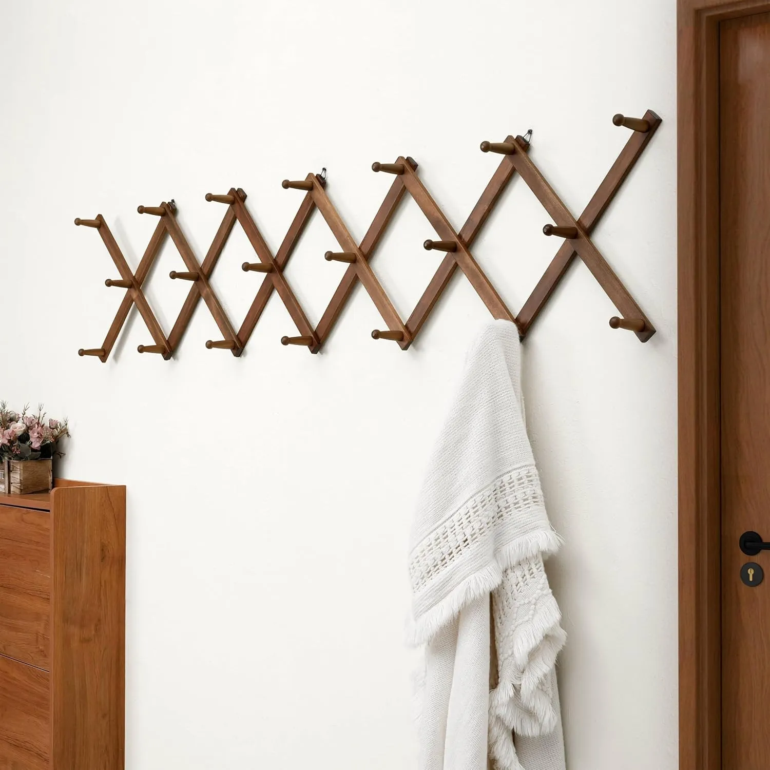 Dseap Accordian Wall Hanger: 16” High Wooden Wall Expandable Coat Rack, Hat Rack Holder, Accordion Hook for Baseball Caps, Coats, Mugs, 20 Peg Hooks, Brown