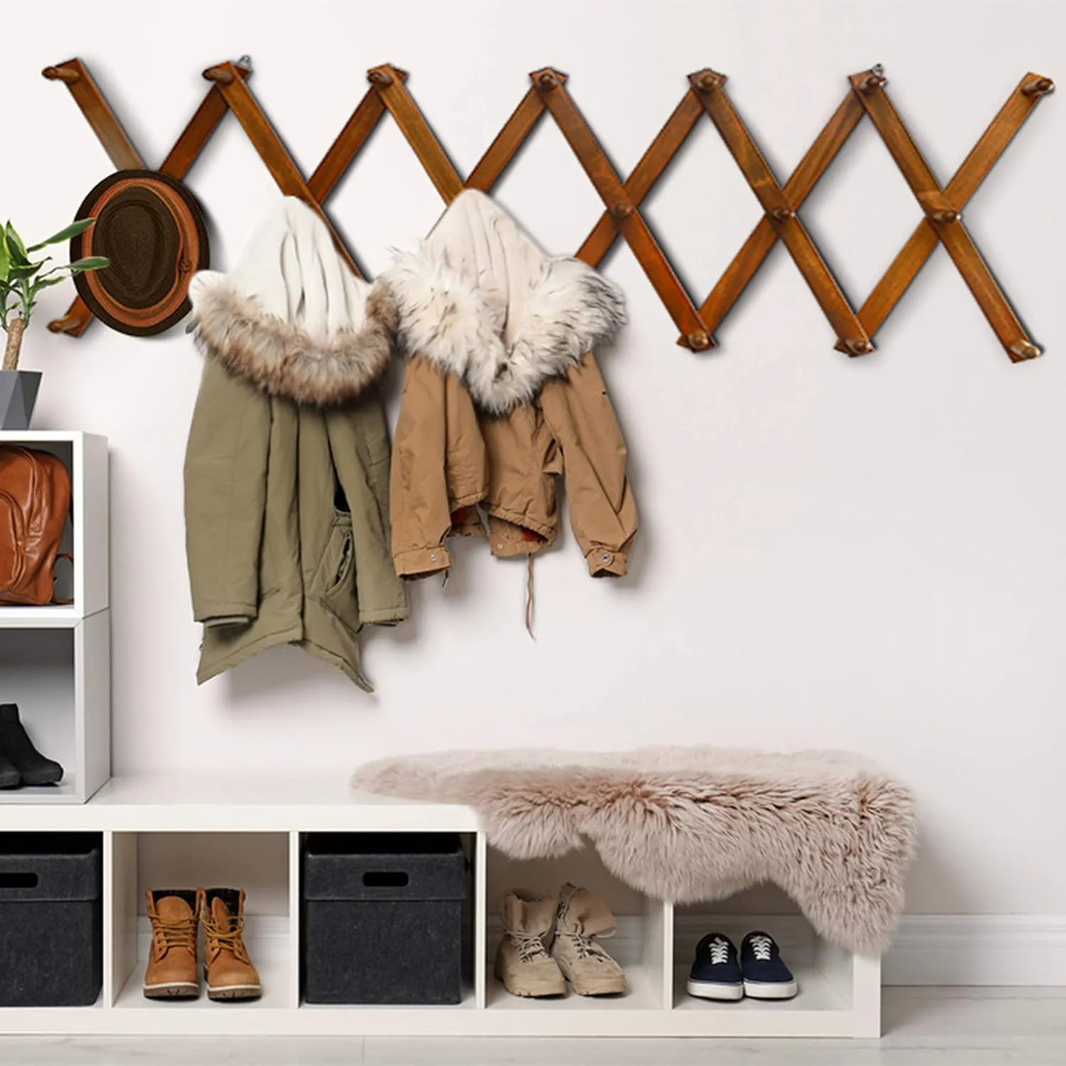 Dseap Accordian Wall Hanger: 16” High Wooden Wall Expandable Coat Rack, Hat Rack Holder, Accordion Hook for Baseball Caps, Coats, Mugs, 20 Peg Hooks, Brown