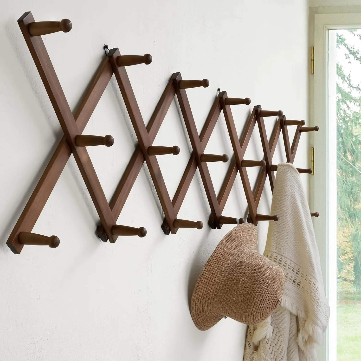 Dseap Accordian Wall Hanger: 16” High Wooden Wall Expandable Coat Rack, Hat Rack Holder, Accordion Hook for Baseball Caps, Coats, Mugs, 20 Peg Hooks, Brown