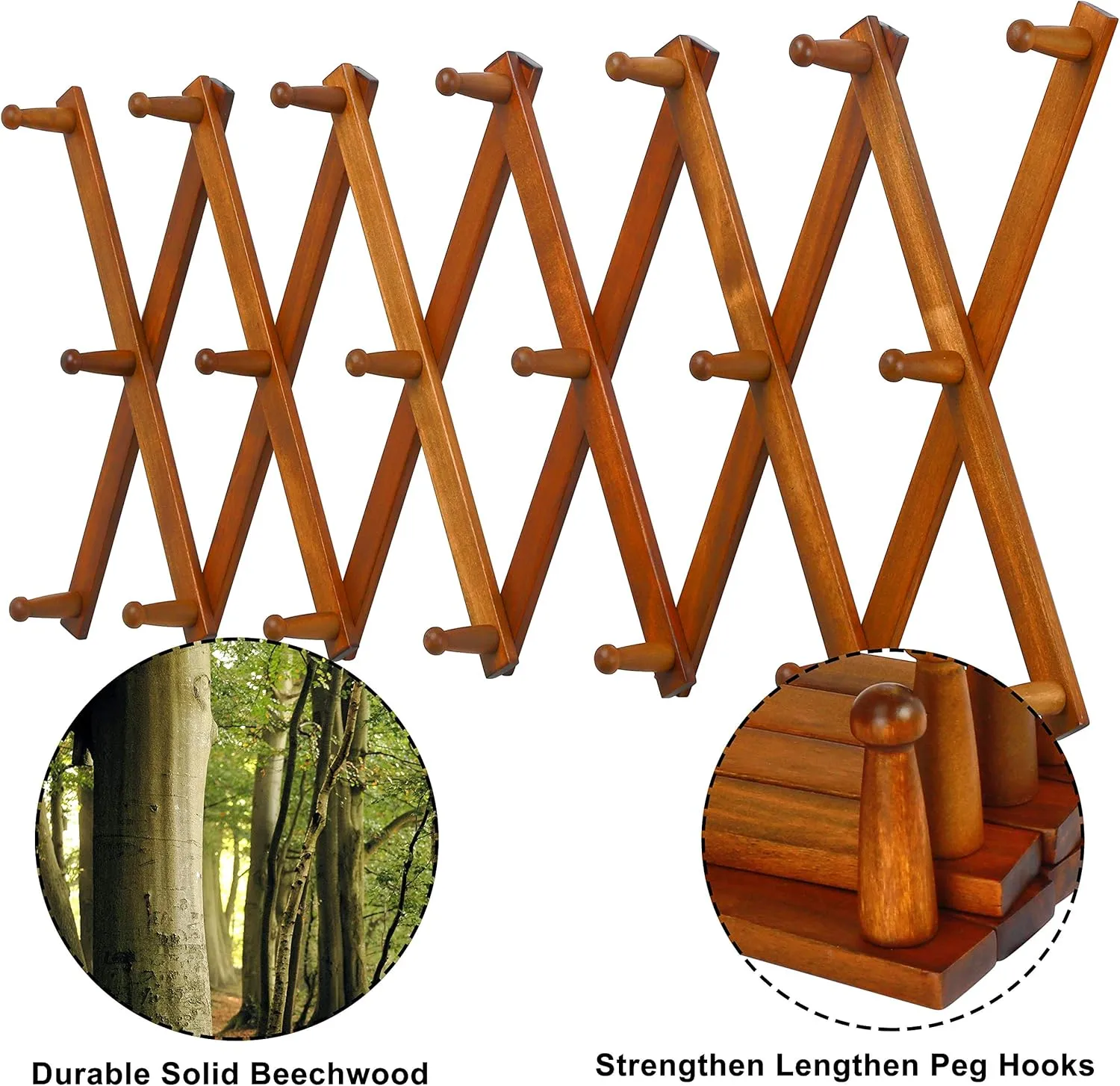 Dseap Accordian Wall Hanger: 16” High Wooden Wall Expandable Coat Rack, Hat Rack Holder, Accordion Hook for Baseball Caps, Coats, Mugs, 20 Peg Hooks, Brown