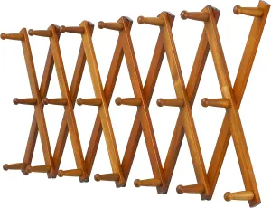 Dseap Accordian Wall Hanger: 16” High Wooden Wall Expandable Coat Rack, Hat Rack Holder, Accordion Hook for Baseball Caps, Coats, Mugs, 20 Peg Hooks, Brown