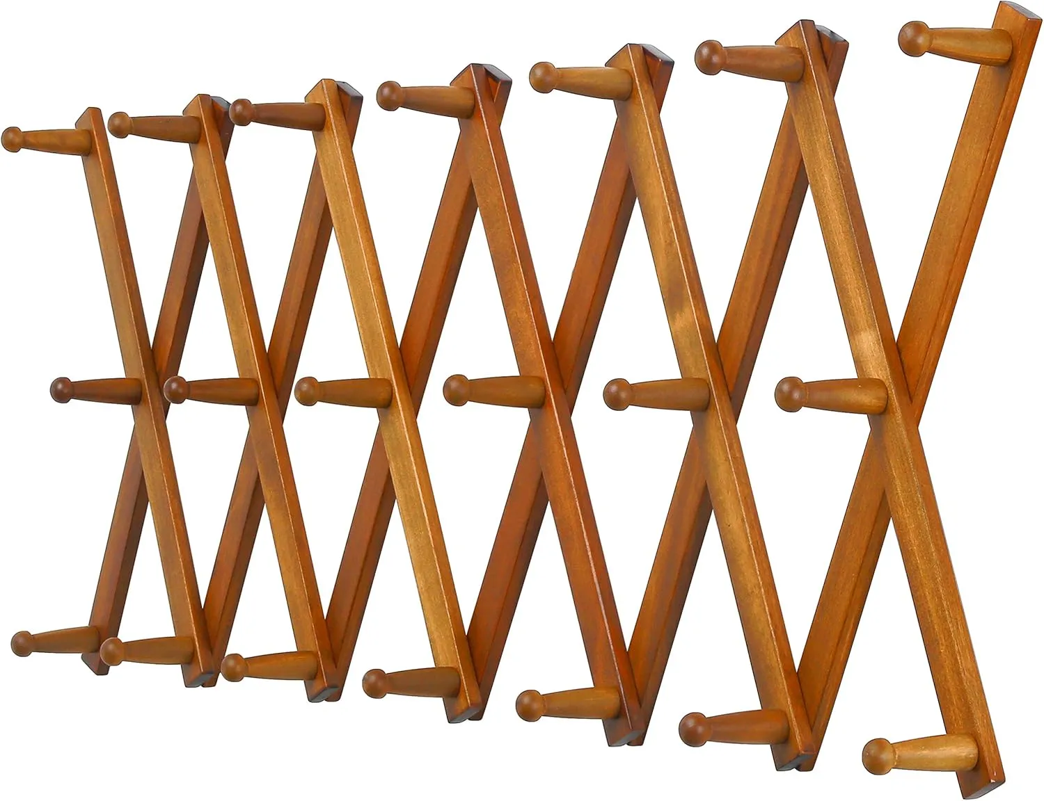 Dseap Accordian Wall Hanger: 16” High Wooden Wall Expandable Coat Rack, Hat Rack Holder, Accordion Hook for Baseball Caps, Coats, Mugs, 20 Peg Hooks, Brown