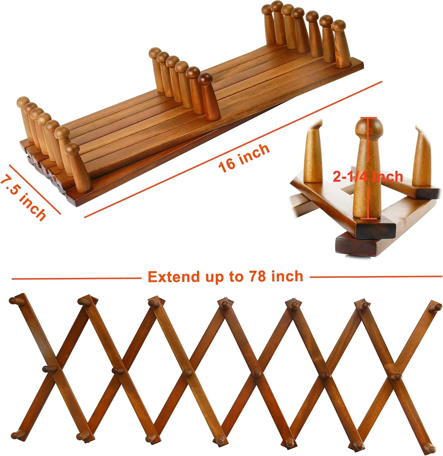 Dseap Accordian Wall Hanger: 16” High Wooden Wall Expandable Coat Rack, Hat Rack Holder, Accordion Hook for Baseball Caps, Coats, Mugs, 20 Peg Hooks, Brown