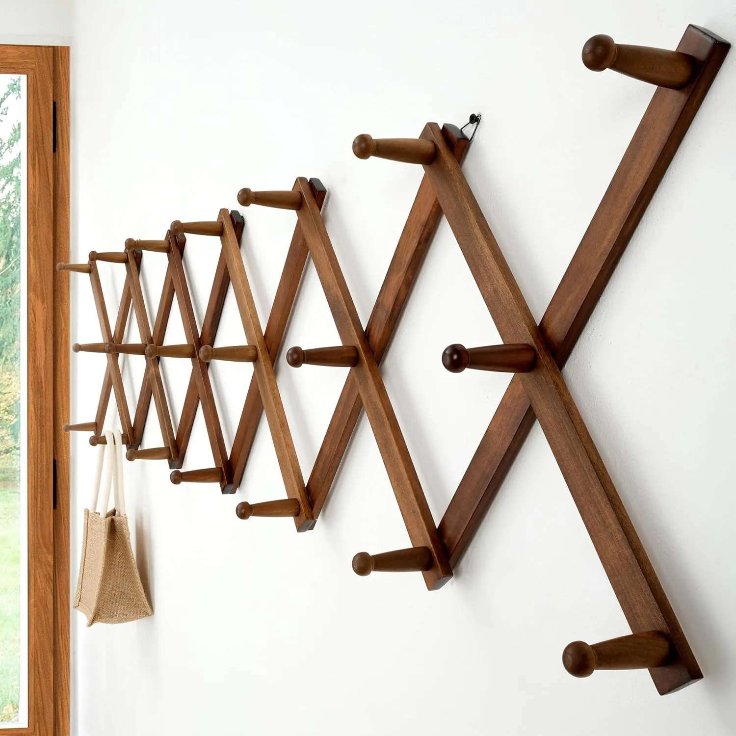 Dseap Accordian Wall Hanger: 16” High Wooden Wall Expandable Coat Rack, Hat Rack Holder, Accordion Hook for Baseball Caps, Coats, Mugs, 20 Peg Hooks, Brown