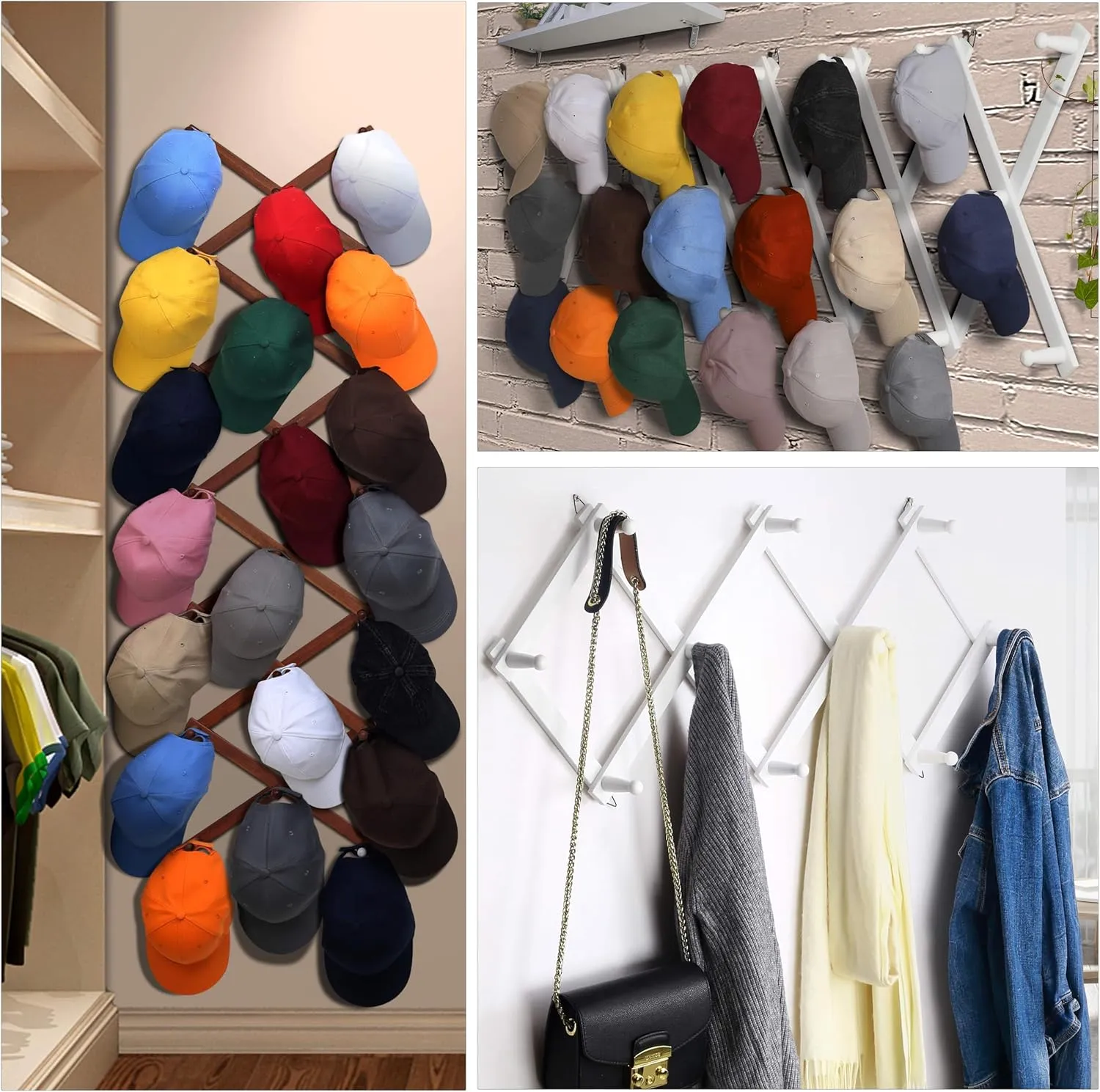 Dseap Accordian Wall Hanger: 16” High Wooden Wall Expandable Coat Rack, Hat Rack Holder, Accordion Hook for Baseball Caps, Coats, Mugs, 20 Peg Hooks, Brown