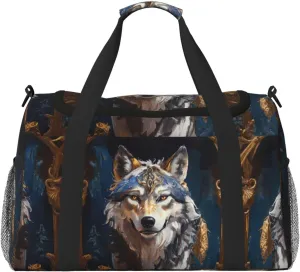 Duffle Bag for Travel, Oil Painting Tribal Wolf Weekender Overnight Duffel Bag, Carry On Bag Gym Bag for Women Men, Personal Item Travel Bag