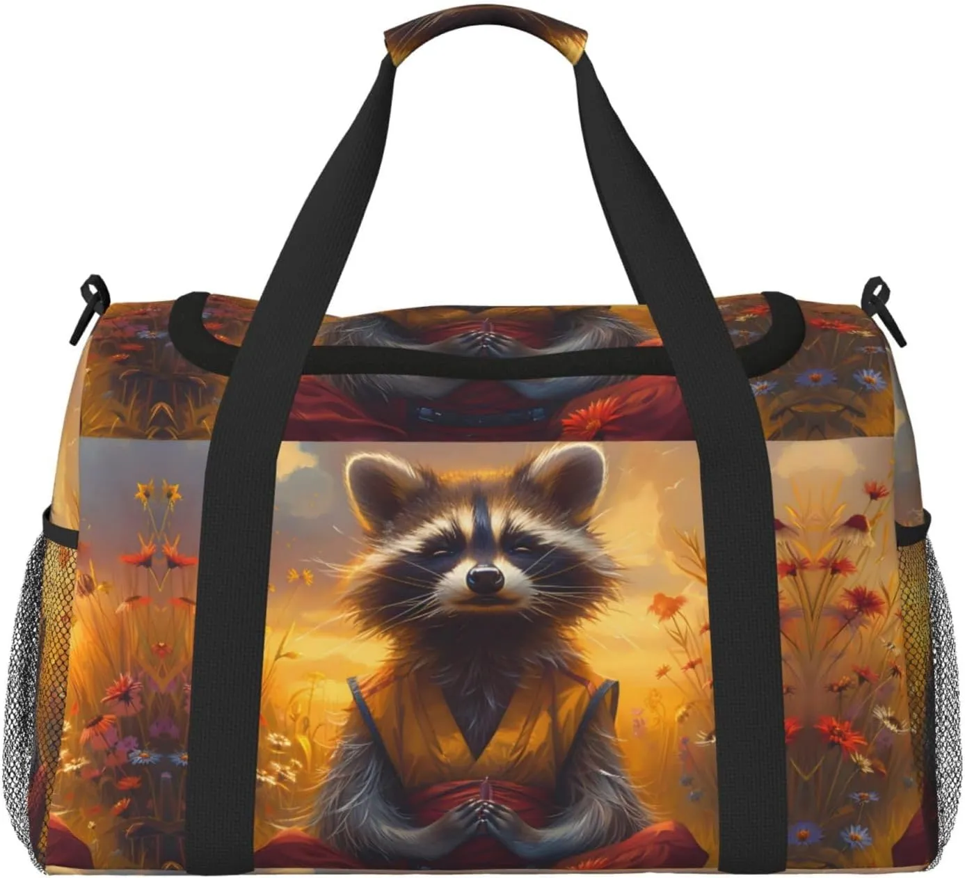 Duffle Bag for Travel, Sunset Flower Meditating Raccoon Weekender Overnight Duffel Bag, Carry On Bag Gym Bag for Women Men, Personal Item Travel Bag