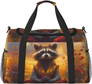 Duffle Bag for Travel, Sunset Flower Meditating Raccoon Weekender Overnight Duffel Bag, Carry On Bag Gym Bag for Women Men, Personal Item Travel Bag