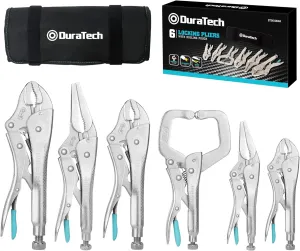 DURATECH 6-Piece CR-V Pliers Set - 6-1/2', 9-1/2' Long Nose, 5', 7' & 10' Curved Jaw, 6' C-Clamp, Fast Release with Oxford Rolling Pouch