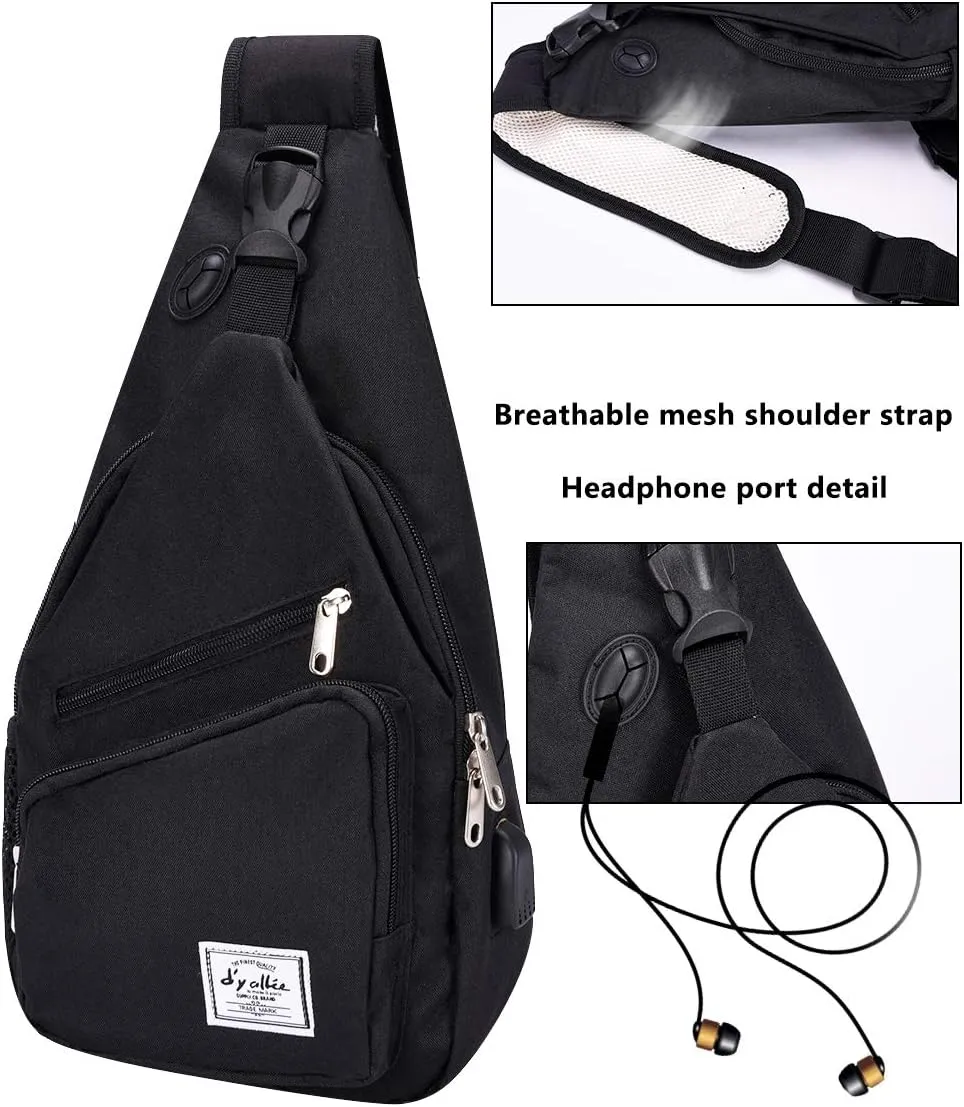 d'yallee 15.4" Sling Bag for Men Crossbody Shoulder Chest Bags Nylon for Travel Gym Sport Hiking with USB Charger Port …