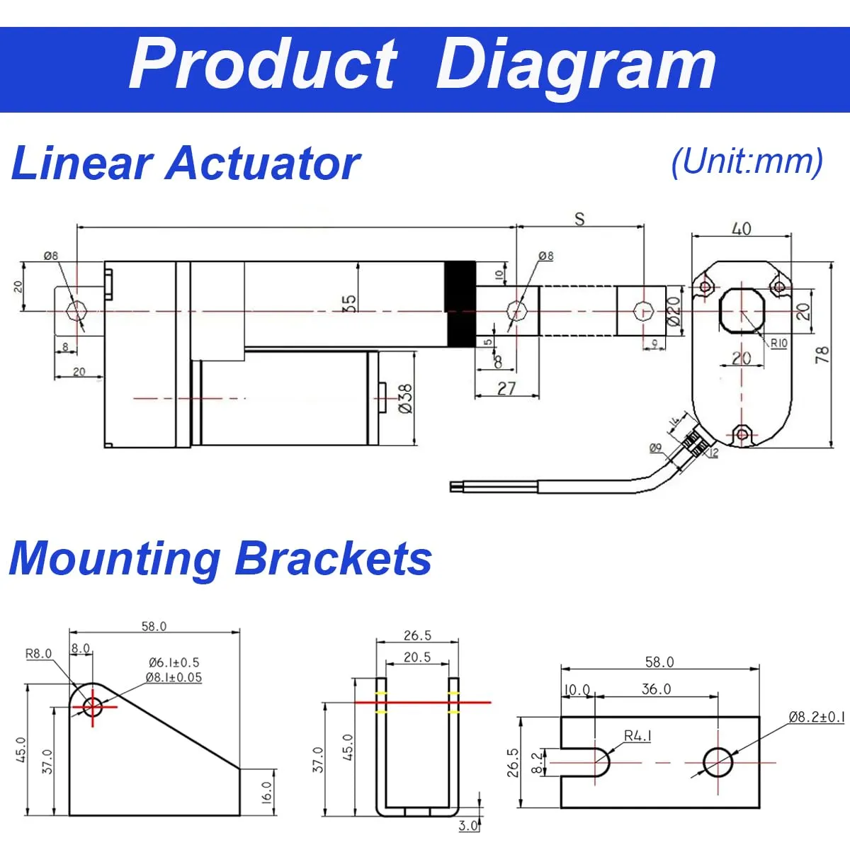 Electric Linear Actuator 12V 4 inch 440lbs Speed 0.3"/sec 4" 2000N Heavy Duty Waterproof ip65 with Mounting Brackets for Home Automation, Electric Sofa, Garage Door Opener, Camper