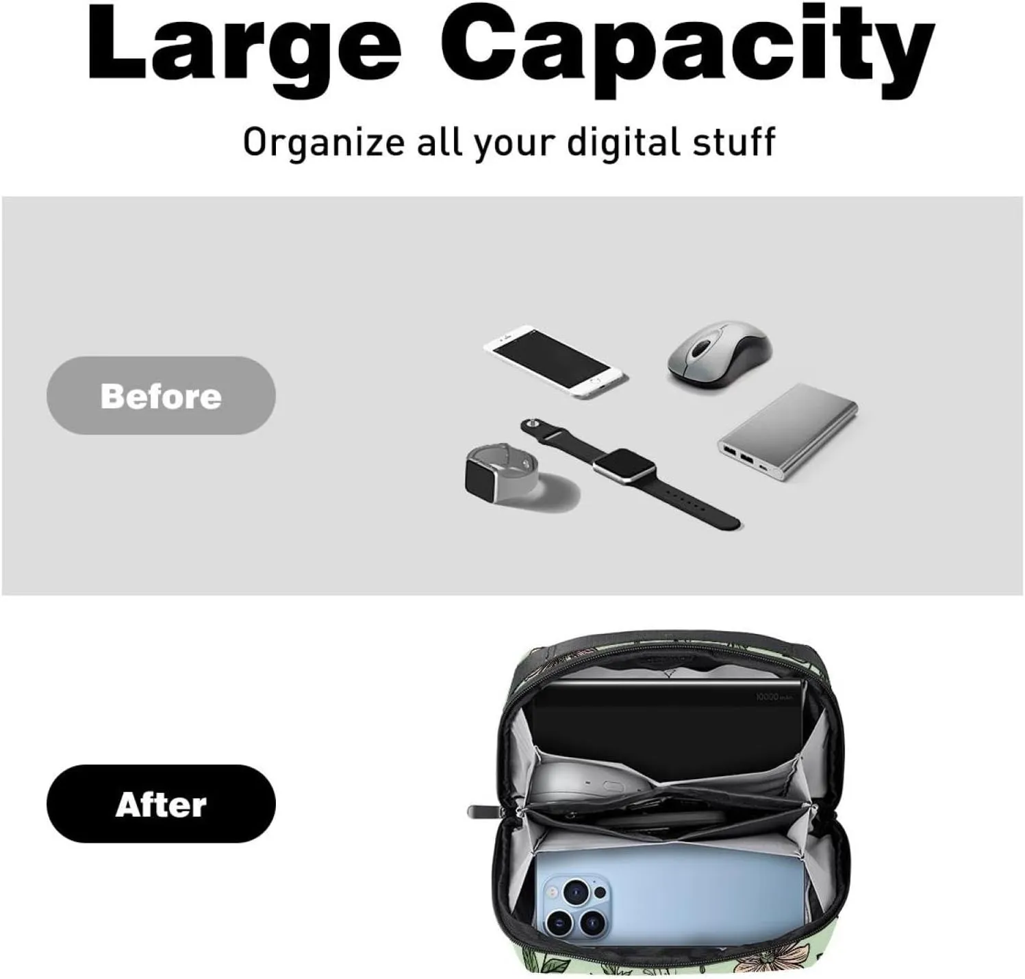 Electronics Organizer, Doodled Botany Seamless Repeat Pattern Small Travel Cable Organizer Carrying Bag, Compact Tech Case Bag for Electronic Accessories, Cords, Charger, USB, Hard Drives