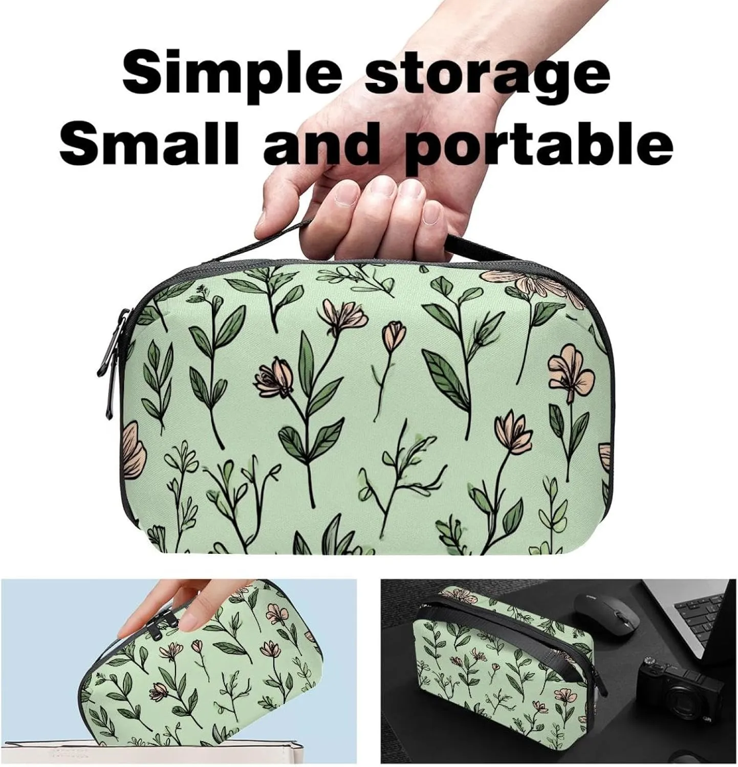 Electronics Organizer, Doodled Botany Seamless Repeat Pattern Small Travel Cable Organizer Carrying Bag, Compact Tech Case Bag for Electronic Accessories, Cords, Charger, USB, Hard Drives