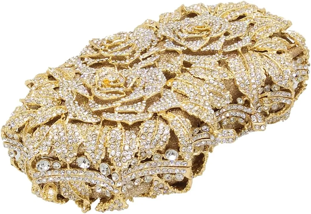 Elegant Women Rose Flower Rhinestone Clutch Handbag Crystal Evening Bag Chain Purse for Wedding Party Cocktail