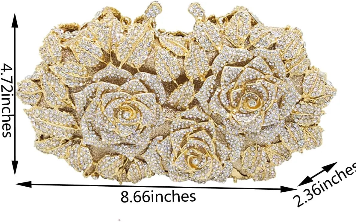 Elegant Women Rose Flower Rhinestone Clutch Handbag Crystal Evening Bag Chain Purse for Wedding Party Cocktail