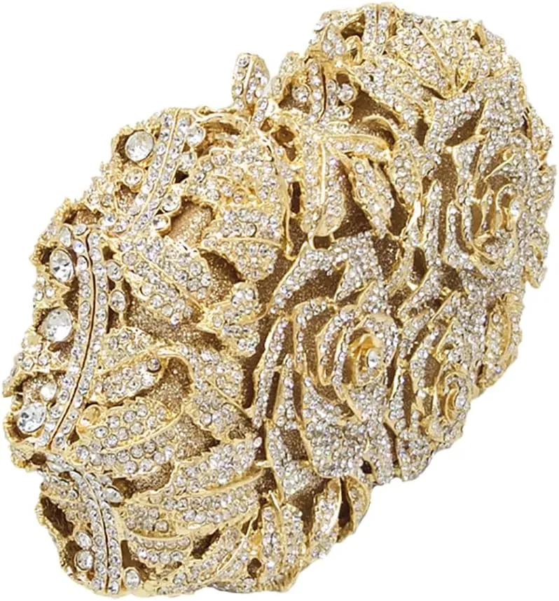 Elegant Women Rose Flower Rhinestone Clutch Handbag Crystal Evening Bag Chain Purse for Wedding Party Cocktail