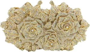 Elegant Women Rose Flower Rhinestone Clutch Handbag Crystal Evening Bag Chain Purse for Wedding Party Cocktail