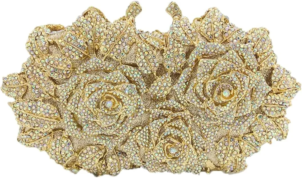 Elegant Women Rose Flower Rhinestone Clutch Handbag Crystal Evening Bag Chain Purse for Wedding Party Cocktail