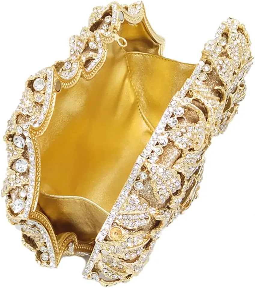 Elegant Women Rose Flower Rhinestone Clutch Handbag Crystal Evening Bag Chain Purse for Wedding Party Cocktail