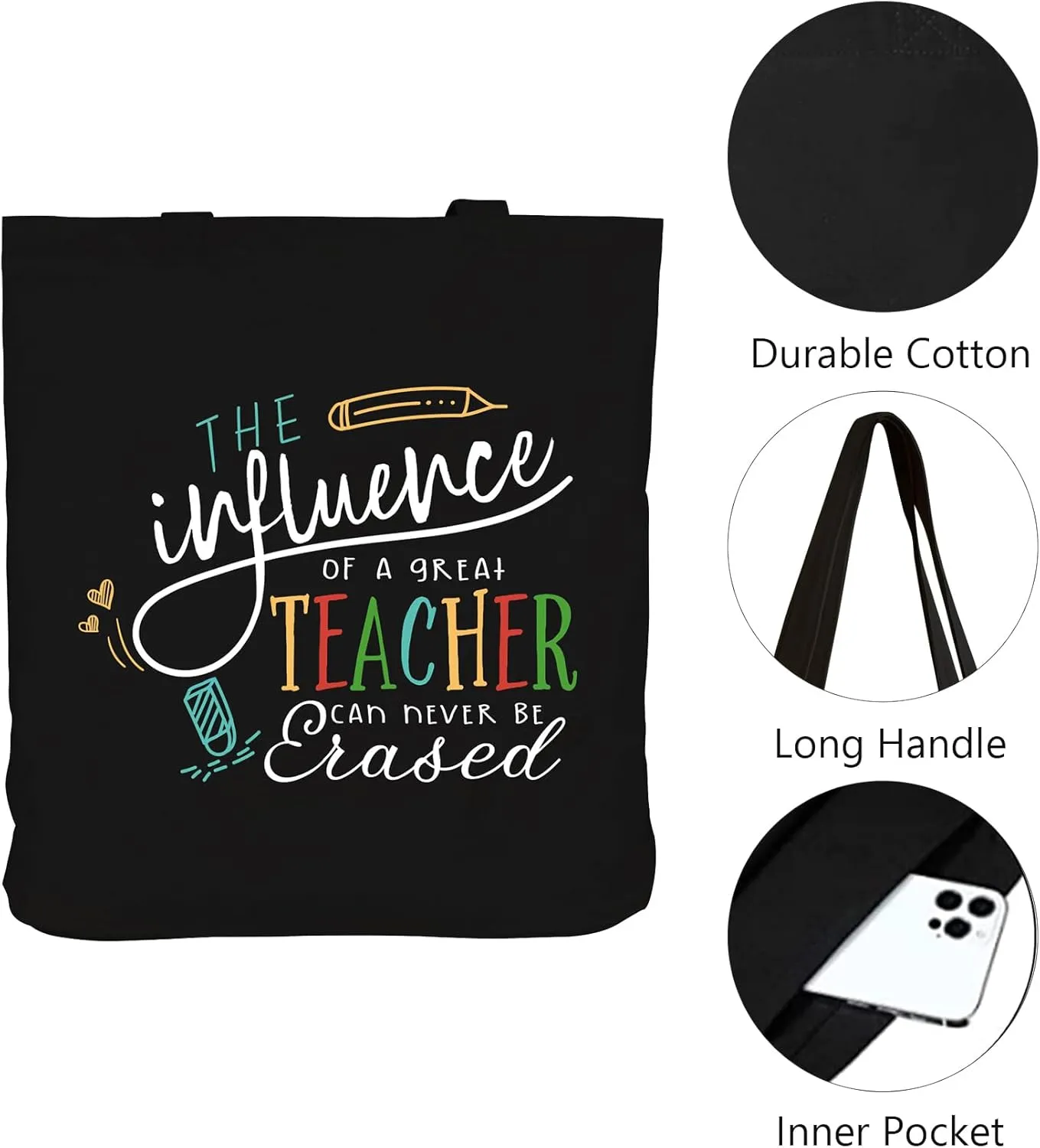 ELEGANTPARK Teacher Gifts for Women Teacher Bag for Appreciation Week Valentines Day Birthday Graduation Christmas Thank You Black Cotton Canvas Tote Shoulder Bag with Interior Pocket