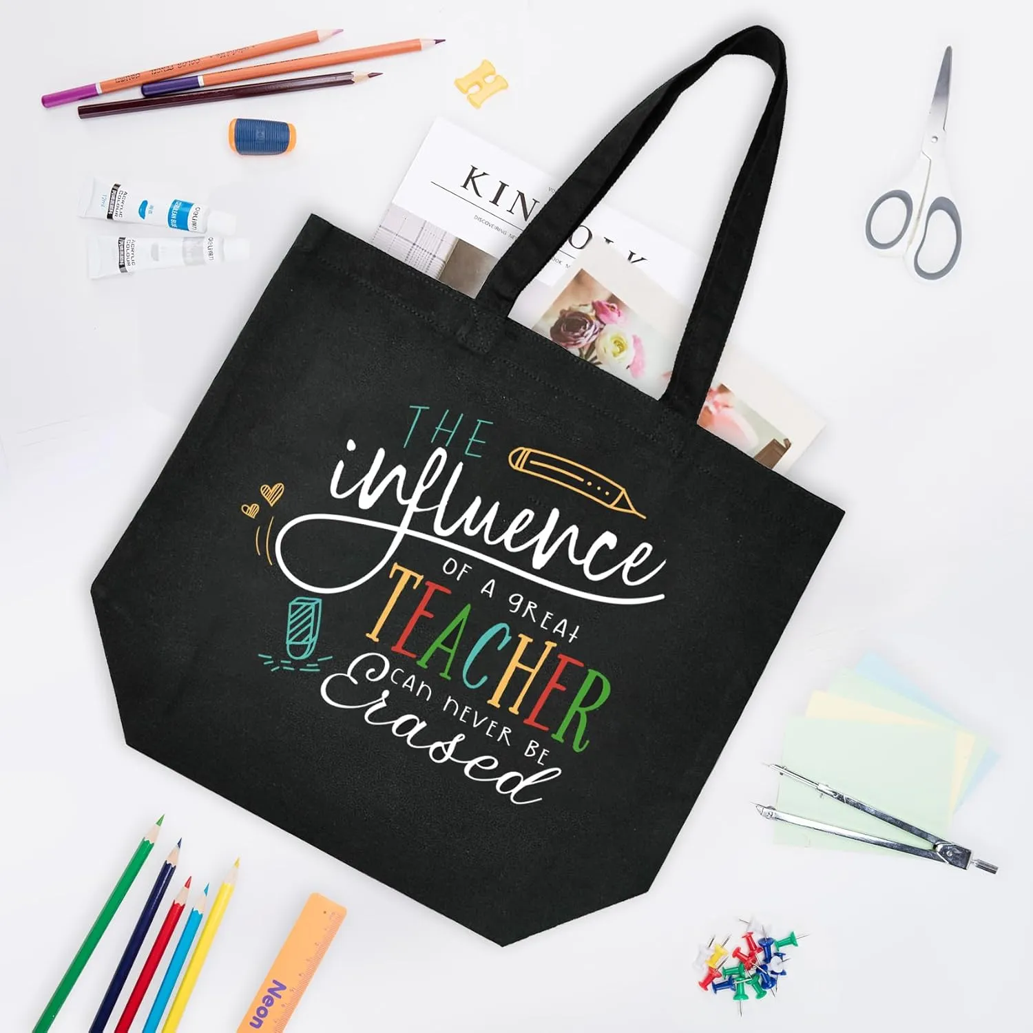 ELEGANTPARK Teacher Gifts for Women Teacher Bag for Appreciation Week Valentines Day Birthday Graduation Christmas Thank You Black Cotton Canvas Tote Shoulder Bag with Interior Pocket