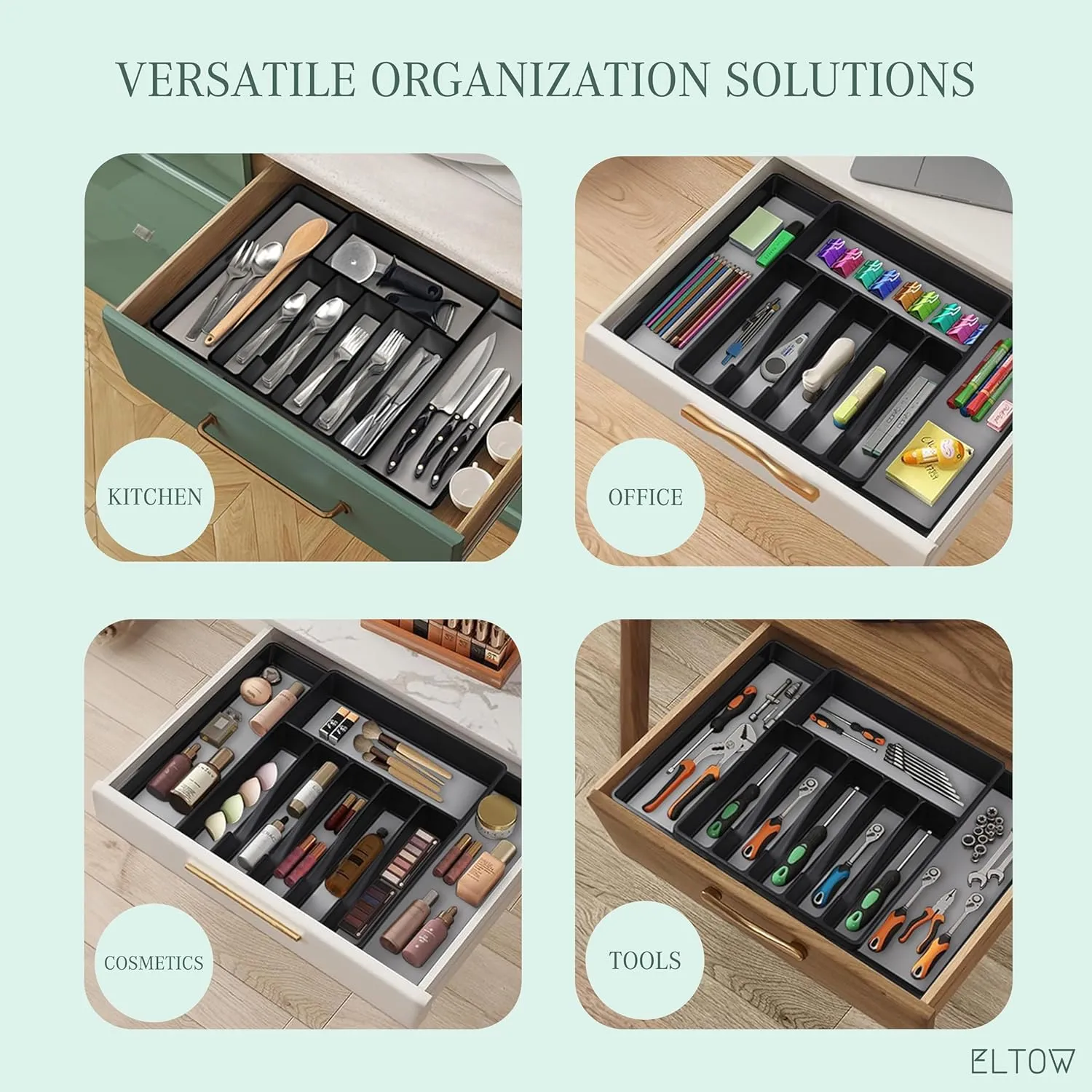ELTOW Large Expandable Silverware Drawer Organizer, 8 Compartment Non-Slip & Adjustable Silverware Organizer for Drawer, Kitchen Organization for Utensils, Cutlery, Silverware Tray (Black)