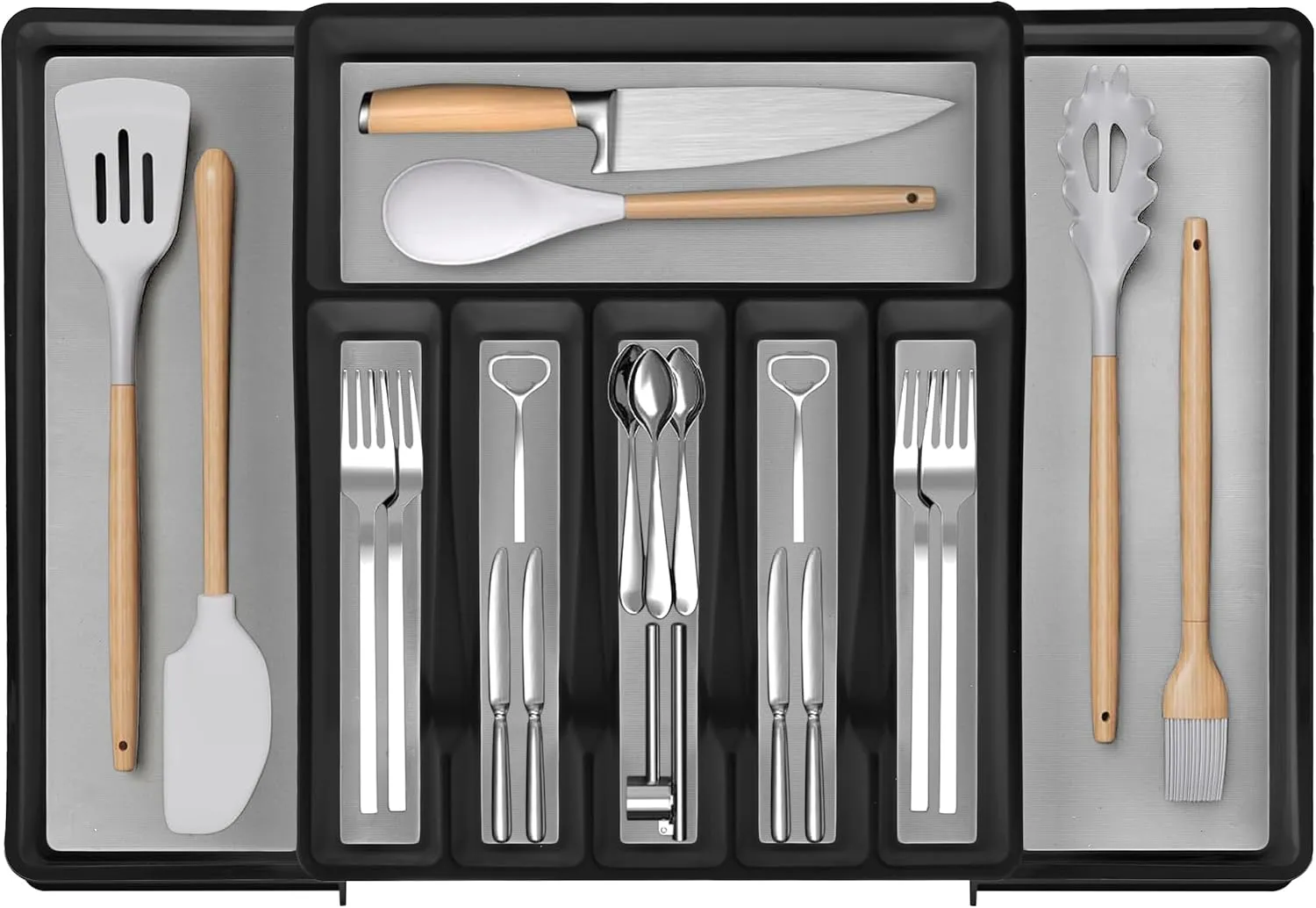 ELTOW Large Expandable Silverware Drawer Organizer, 8 Compartment Non-Slip & Adjustable Silverware Organizer for Drawer, Kitchen Organization for Utensils, Cutlery, Silverware Tray (Black)
