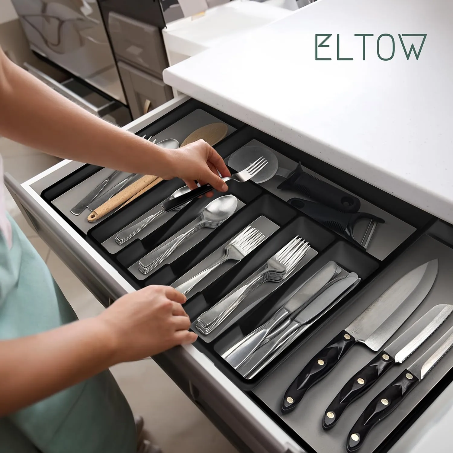 ELTOW Large Expandable Silverware Drawer Organizer, 8 Compartment Non-Slip & Adjustable Silverware Organizer for Drawer, Kitchen Organization for Utensils, Cutlery, Silverware Tray (Black)