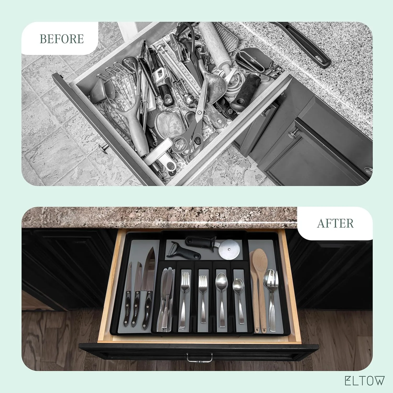 ELTOW Large Expandable Silverware Drawer Organizer, 8 Compartment Non-Slip & Adjustable Silverware Organizer for Drawer, Kitchen Organization for Utensils, Cutlery, Silverware Tray (Black)