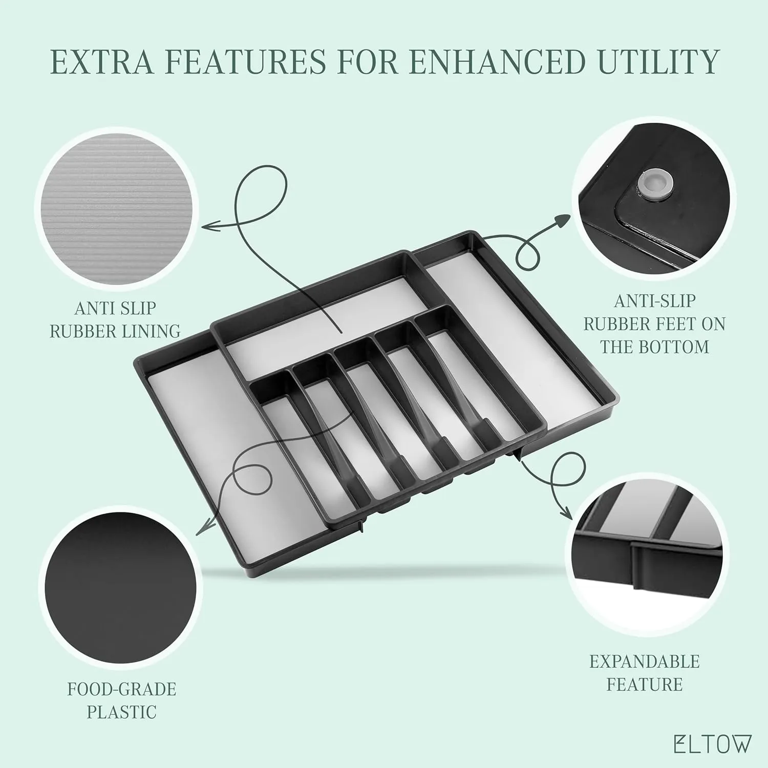 ELTOW Large Expandable Silverware Drawer Organizer, 8 Compartment Non-Slip & Adjustable Silverware Organizer for Drawer, Kitchen Organization for Utensils, Cutlery, Silverware Tray (Black)