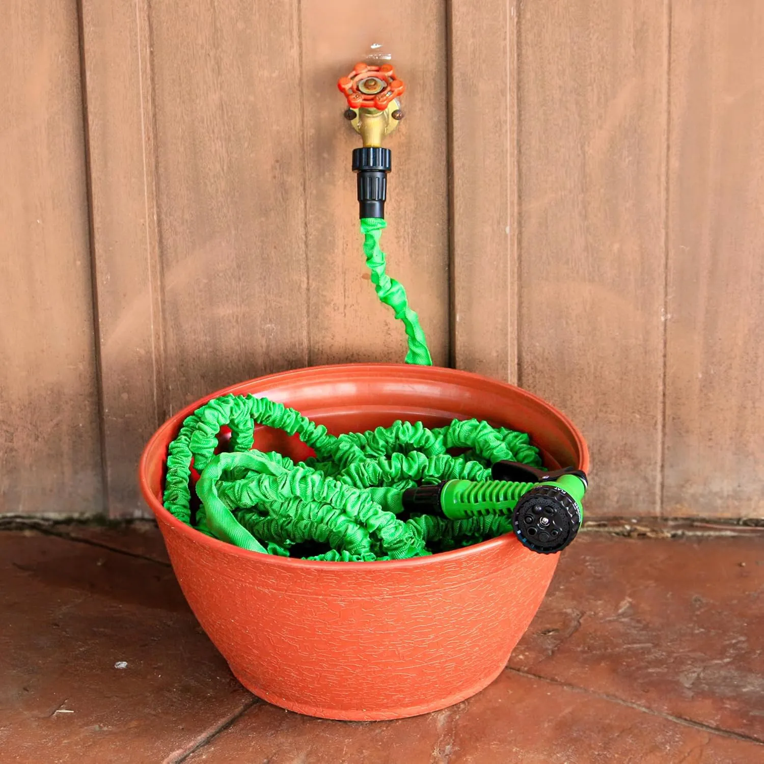 EMSCO Expandable Hose Hider – Expandable Hose Storage Pot – Rustic Terra Cotta