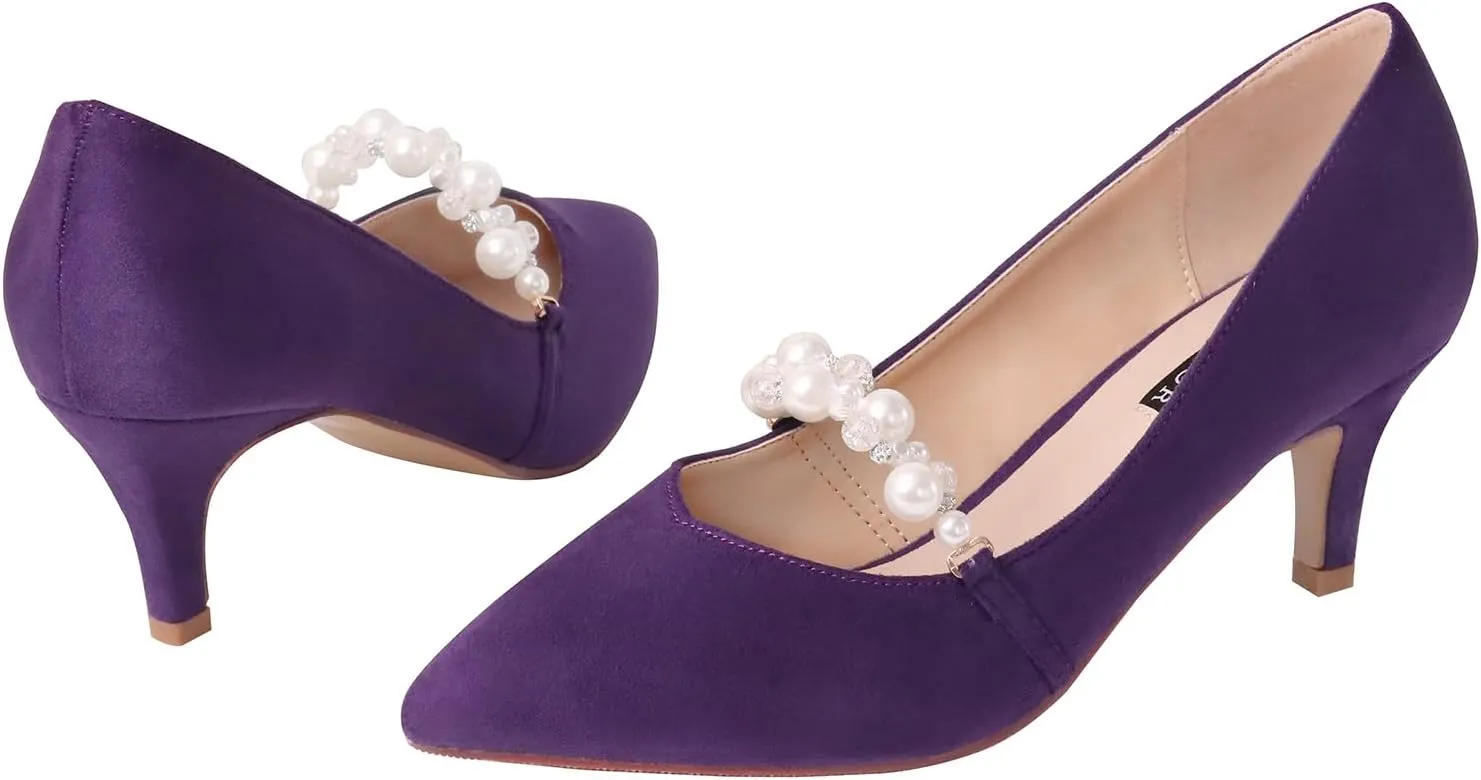 ERIJUNOR E3122 Women Faux Suede Pearl Pumps Comfortable Kitten Heel Evening Prom Wedding Shoes