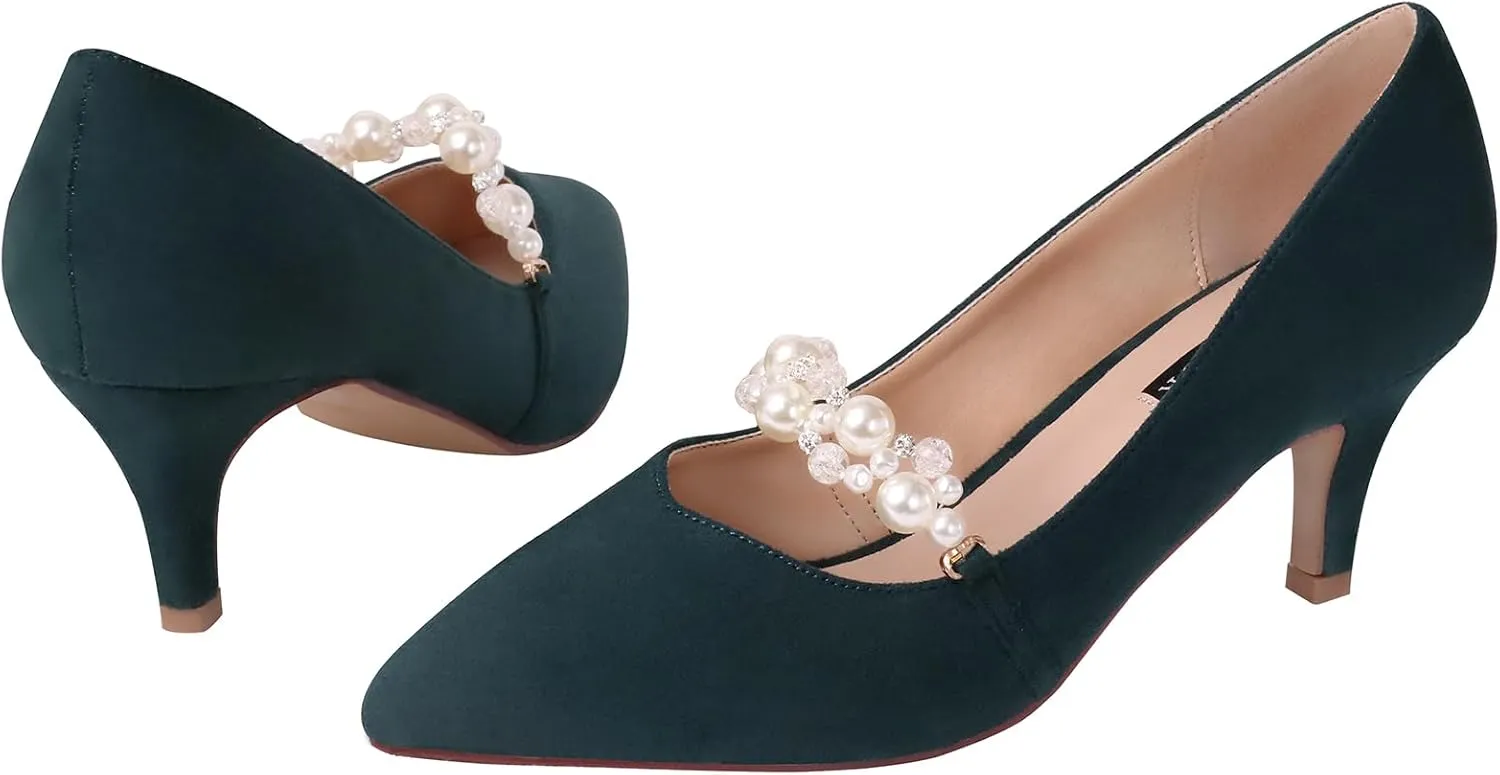 ERIJUNOR E3122 Women Faux Suede Pearl Pumps Comfortable Kitten Heel Evening Prom Wedding Shoes