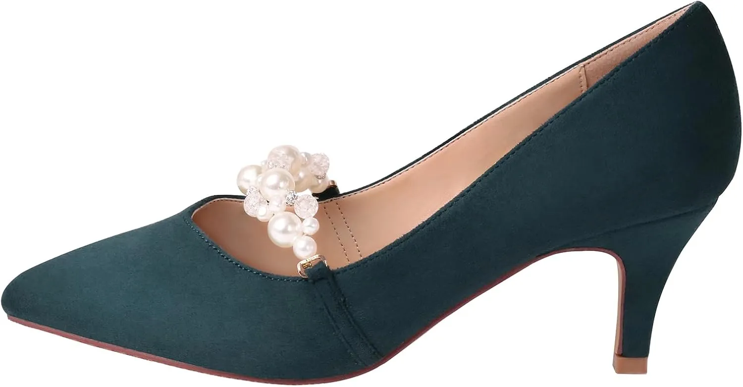 ERIJUNOR E3122 Women Faux Suede Pearl Pumps Comfortable Kitten Heel Evening Prom Wedding Shoes