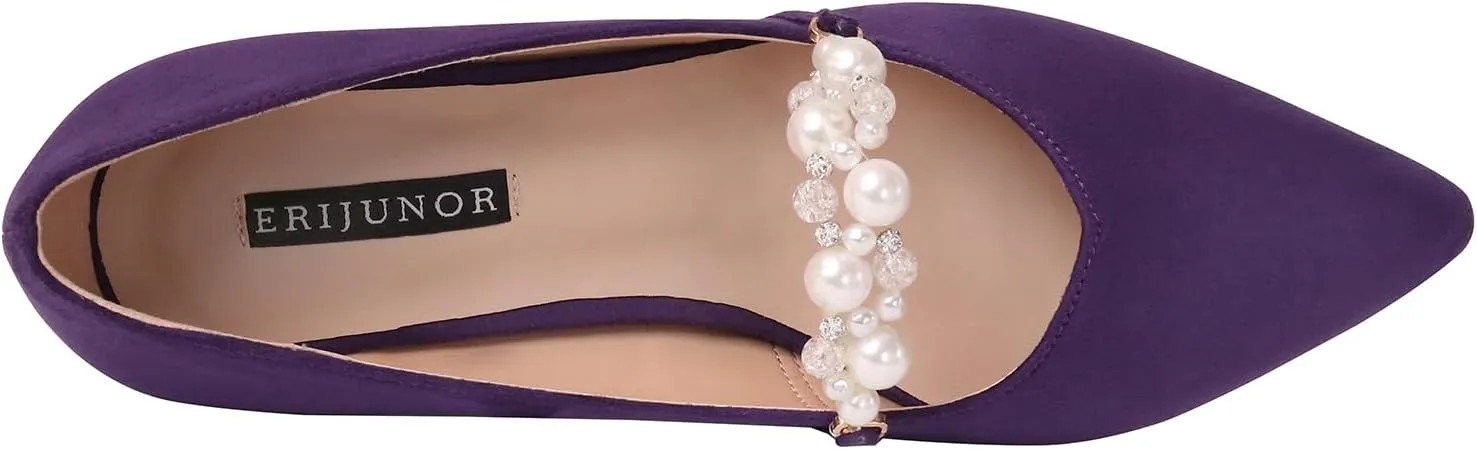 ERIJUNOR E3122 Women Faux Suede Pearl Pumps Comfortable Kitten Heel Evening Prom Wedding Shoes
