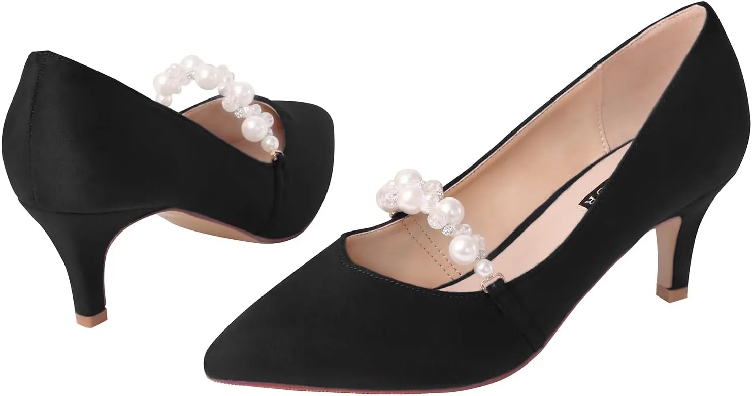 ERIJUNOR E3122 Women Faux Suede Pearl Pumps Comfortable Kitten Heel Evening Prom Wedding Shoes