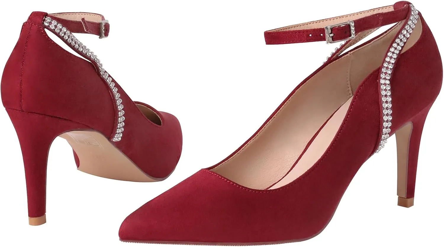 ERIJUNOR E3902 Women Comfortable Faux Suede Middle Heel Rhinestone Evening Prom Wedding Shoes