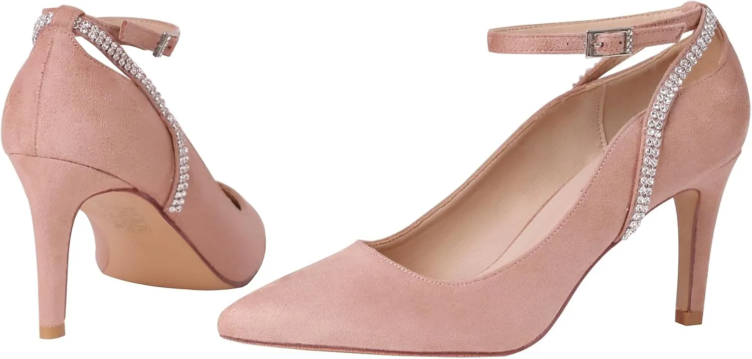 ERIJUNOR E3902 Women Comfortable Faux Suede Middle Heel Rhinestone Evening Prom Wedding Shoes