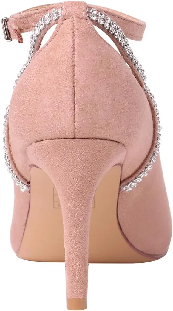 ERIJUNOR E3902 Women Comfortable Faux Suede Middle Heel Rhinestone Evening Prom Wedding Shoes